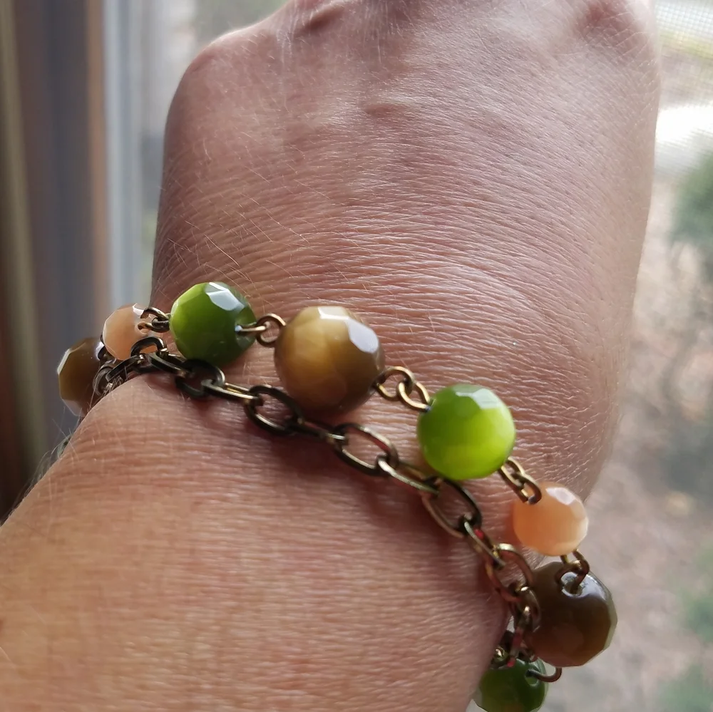 Genuine Gemstone Cat’s Eye Brass Chain Bracelet - Handmade NWT